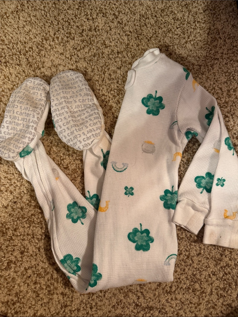 Carter's White Footed One-Piece with Green Shamrocks and Yellow Luck Accents